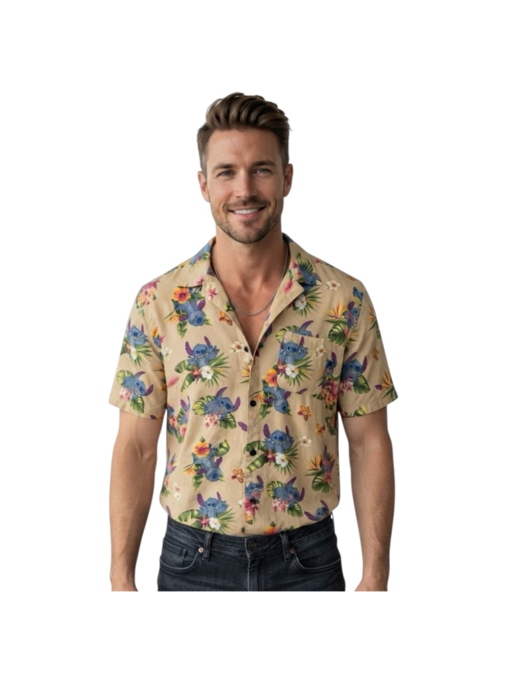 Disney Stitch Men’s Medium Hawaiian Shirt Tropical Floral Button Down